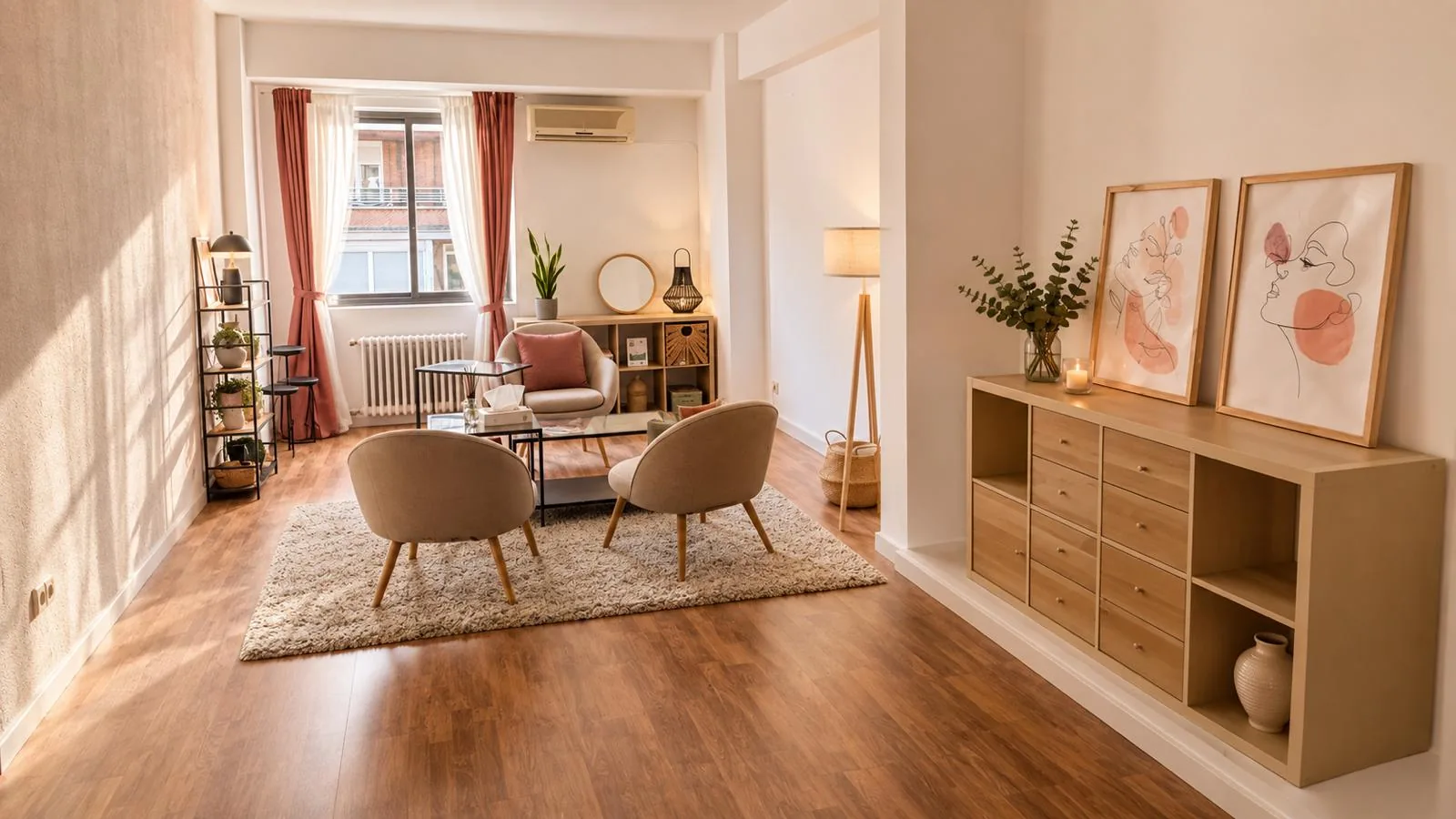 Sala de terapia de Psicoemoc: butacas alrededor de una mesa baja, suelo de madera y luz natural
